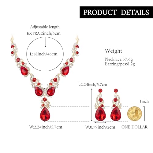 Women's Wedding Bridal Crystal Multi Teardrop Cluster Statement Necklace Dangle Earrings Set - color: Ruby Color Gold-Tone