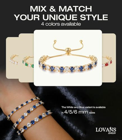 Lovans 14K Gold Plated Tennis Bracelets,White/Yellow/Rose Gold-plated Adjustable Cubic Zirconia Tennis Bracelet for Women - color: Gold, size: 6MM Blue