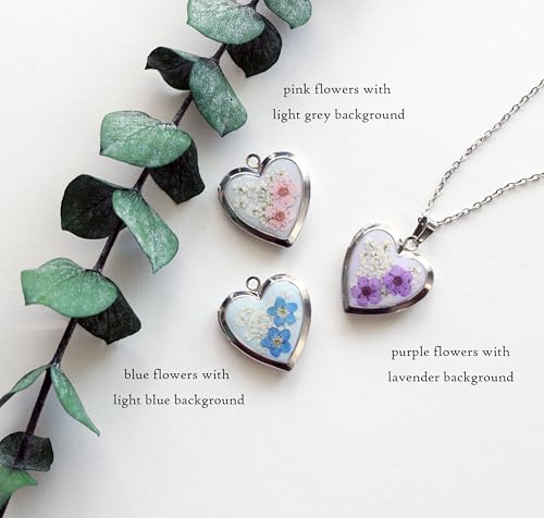 Handmade Heart Shaped Dried Pressed Forget Me Not Flower Photo Locket Pendant Necklace - color: Gold, style: BLUE+BLUE