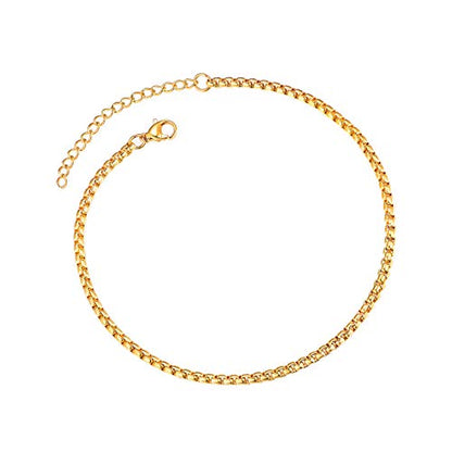 ChainsPro Resizable Anklet Chain for Women Men, Figaro/Wheat/Twist Rope/Cuban Foot Bracelet-Strong with Good Clasp-18K Gold Plated(Send Gift Box) - color: 08:box chain-Gold Plated
