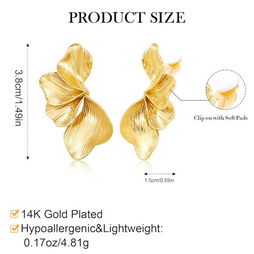 Chunky Flower Clip on Earrings for Women 14K Gold Plated No Piercing Floral Stud Earring Lightweight Jewelry Gifts - color: Flower-C-gold