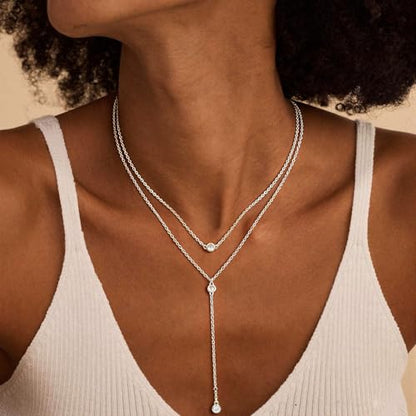 14K Gold Plated Layered Lariat Necklace for Women - Waterproof Non-Tarnish Dainty Gold Chain Necklace, Long Boho Statement Jewelry for Wedding, Prom, Summer Vacation Gifts - color: Layered CZ Y Necklace-Silver