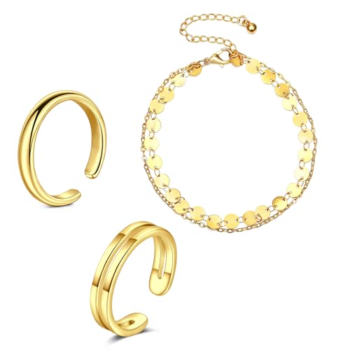 Briana Williams Toe Rings for Women Gold Silver Toe Ring Non Tarnish Ankle Bracelets for Women Waterproof Anklet & Toe Ring Set Trendy Summer Beach Foot Jewelry - color: B2 -2pcs toe rings + anklets, golden