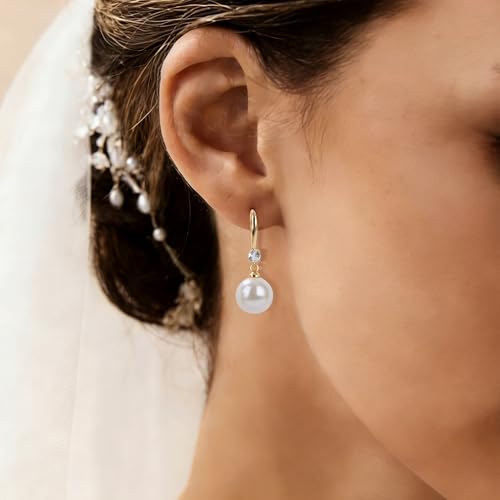 Pearl Earrings for Women, 14k Gold Plated Trendy Diamond Pearl Drop Earrings Hypoallergenic Dainty Bridal Gifts Wedding jewelry for Women - color: Silver-Pearl Style E