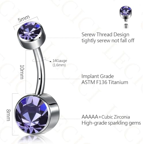 Titanium Floating Belly Button Rings 14G, ASTM F136 Implant-Grade Curved Barbell, Internal Thread with 6mm Teardrop Gems, Sparkle Navel Piercing Jewelry, 10mm/12mm Length - color: Silver-Violet, size: 3/8"(10mm)