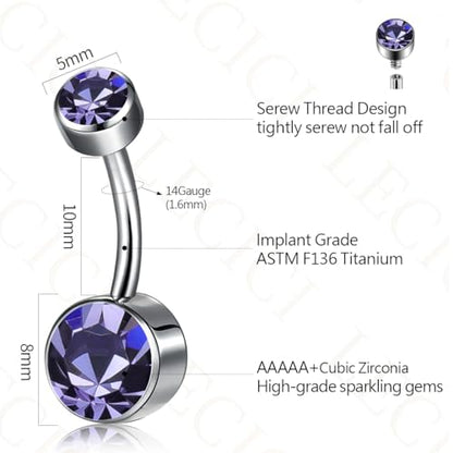 Titanium Floating Belly Button Rings 14G, ASTM F136 Implant-Grade Curved Barbell, Internal Thread with 6mm Teardrop Gems, Sparkle Navel Piercing Jewelry, 10mm/12mm Length - color: Silver-Violet, size: 3/8"(10mm)