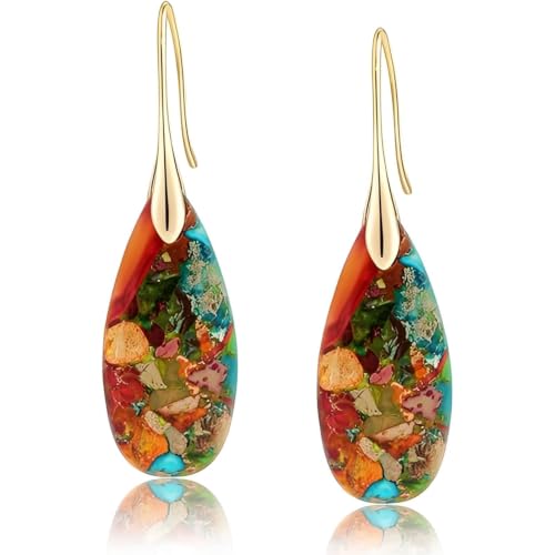 Emperor Stone Drop Earrings for Women, 2 Inch Dangle Statement Earrings in Gold & Silver, Teardrop Natural Healing Crystal Fishhook Earrings for Party, Wedding, Daily Wear - color: Colorful Gold Hook