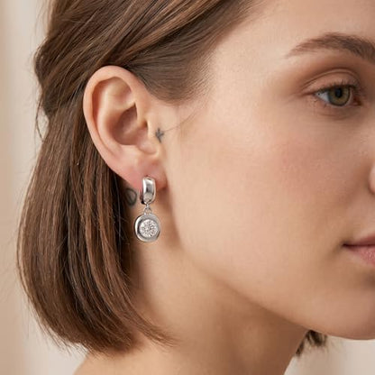 Dangle Flower Gold Earrings for Women, Trendy Statement Hoop Earrings, Gold Floral Drop Earrings Jewelry for Gifts - color: Circular 925 SilverCZ