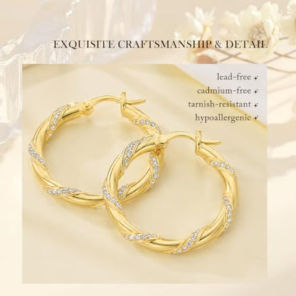 14K Gold Hoop Earrings for Women Thick Large Earrings Lightweight | Gold Plated Huggie Earrings for Women Hypoallergenic (with Gift Box) - color: Spiral CZ-30MM