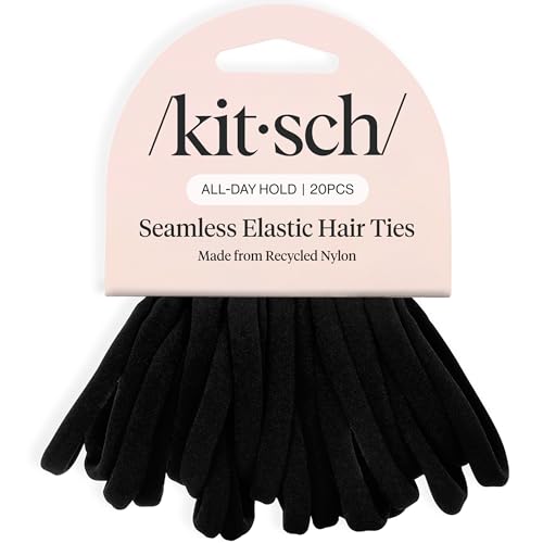 Kitsch Elastic Hair Ties No Damage | Stretchable Hair Bands - Black, 20pcs | Strong All-Day Hold Hair, Rubber Bands For Hair, Ponytail Holders | Hair Accessories for Everyday Use - color: Black Thin (Pack of 20)