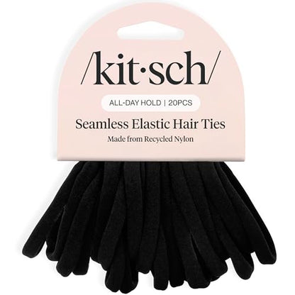 Kitsch Elastic Hair Ties No Damage | Stretchable Hair Bands - Black, 20pcs | Strong All-Day Hold Hair, Rubber Bands For Hair, Ponytail Holders | Hair Accessories for Everyday Use - color: Black Thin (Pack of 20)