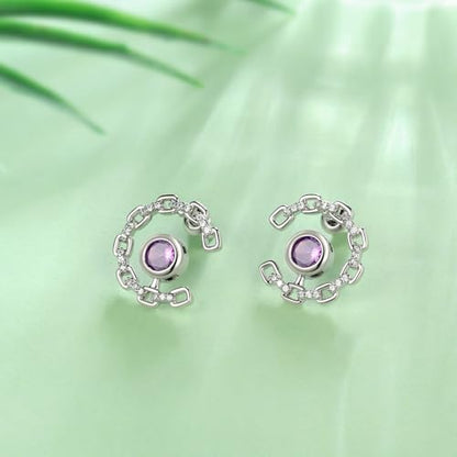 Elegant C-Shaped Crystal Stud Earrings with Birthstone Earring Silver Plated Fashion Jewelry for Women CE0003 - color: Purple-February