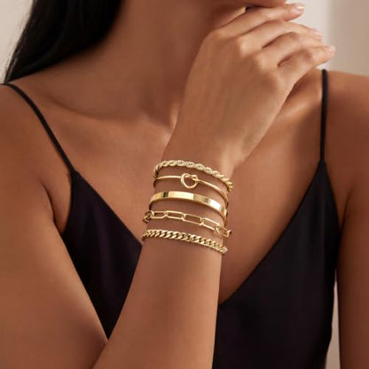 Gokeey Sterling Silver Cuff Bangle Bracelet Set for Women Waterproof, Non Tarnish S925 Silver Chunky Cuban Link Chain Heart Love Infinity Tie Knot Paperclip Beaded Twist Rope Silver Bracelets Fashion Jewelry Gifts Set - color: Gold-Stackable Bangles set