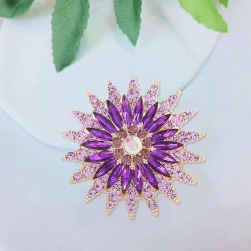 QCWN Large Flower Brooches and Pins for Women Vintage Rhinestone Sunflower Brooch Costume Jewelry Lapel Hat Pins for Wedding Dresses Bouquet Gifts - style: 1Pcs Purple Sunflower