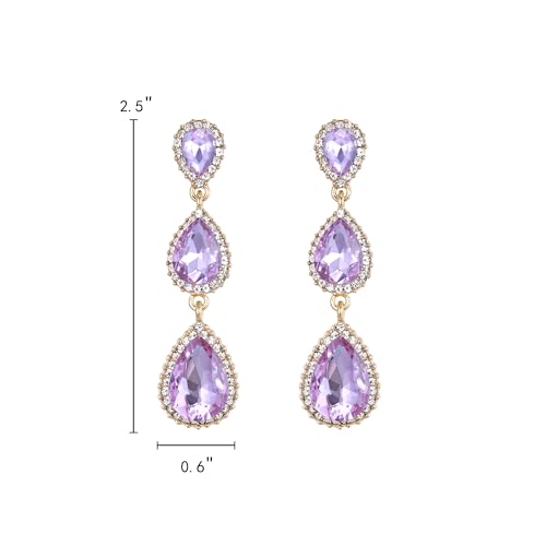 EleQueen Women's Crystal Teardrop Pear Shape 2.5 Inch Long Earrings | Dangle Earrings for Women, TearDrop Crystals Earrings for Bride Bridesmaid, Prom Jewelry for Wedding - color: LIght Purple Gold-Tone