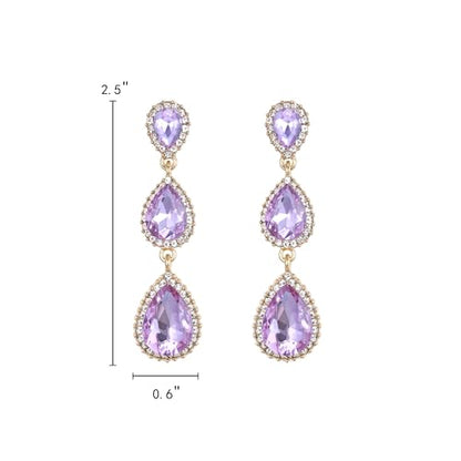 EleQueen Women's Crystal Teardrop Pear Shape 2.5 Inch Long Earrings | Dangle Earrings for Women, TearDrop Crystals Earrings for Bride Bridesmaid, Prom Jewelry for Wedding - color: LIght Purple Gold-Tone