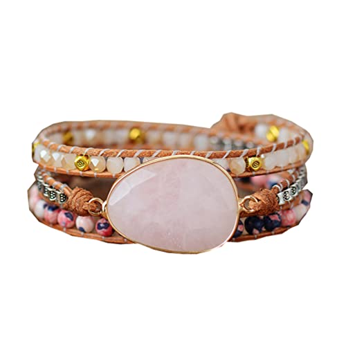 Handmade Boho Wrap Bracelets Natural Turquoise Crystal Stone Variety Beaded Strand Bracelet - color: Pink Agate