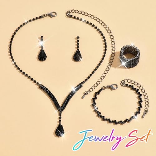Bridal Wedding Jewelry Set Silver Rhinestone Necklace Earrings Sets Formal Costume Jewelry for Women and Brides - color: C-4 Pack Black Necklace Bracelet Rings Earrings