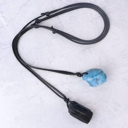 Natural Raw Crystal Necklace for Women Irregular Stone Necklaces Spiritual Gemstone Pendant with Adjustable Rope - color: E-Black Tourmaline+Blue apatite