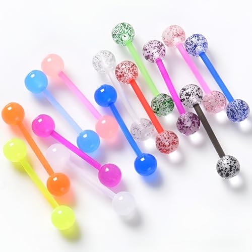 Glow in the Dark Barbell Piercing Set for Women Men 14 G Flexible Acrylic Tongue Ring Jewellery Long Nipple Piercings Bars Kit Hypoallergenic Cute Body Jewelry Stud 2 pcs - color: White