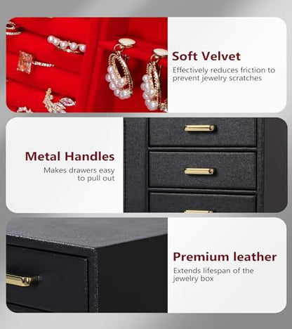 Homde Large Jewelry Box/Organizer/Case with Glass Window, Drawers for Necklaces Earrings Rings Bracelets Watches Gift for Women Girls - color: Black + Red+ Gold