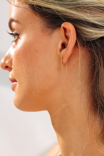 Round Huggie Ear Cuff Gold Earrings for Women | 18K Gold Plated Cubic Zirconia Sparkling | Clip On Cartilage| Simulated Diamond Bezel-Set CZ Huggie Hoop Earrings - color: Drop Chain - Yellow Gold