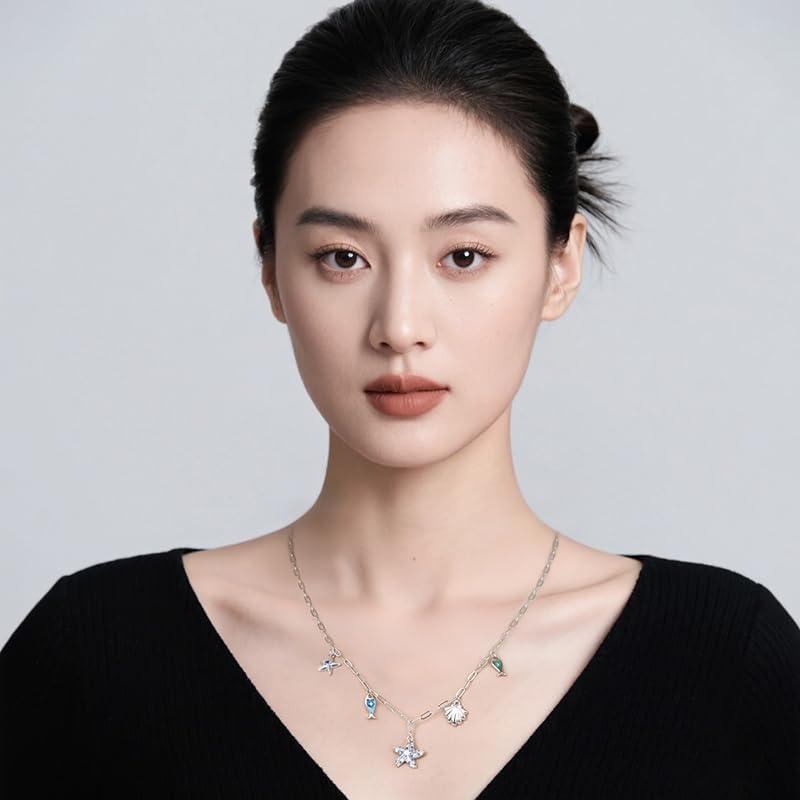 925 Sterling Silver Dainty Necklaces for Women Pendant Jewelry Gift for Her | Hypoallergenic Ocean Animal Love Cherry Blossom Jewelry, Ideal Valentine Birthday Christmas Graduation Gift for Wife Mom - color: Coastal Whisper