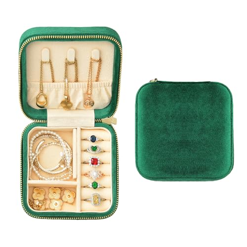 TAIMY Plush Velvet Travel Jewelry Box, Small Travel Jewelry Case, Portable Mini Jewelry Travel Organizer Boxes for Rings Earrings Necklaces Bracelets(Emerald Green,No Mirror) - color: Emerald Green
