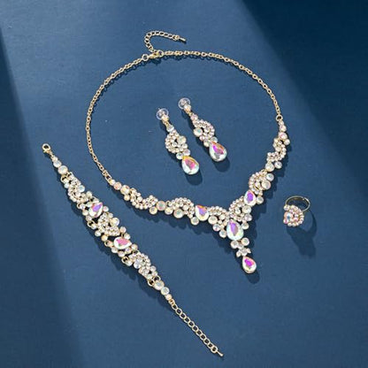 Paxuan Crystal Bridal Wedding Jewelry Sets for Women Rhinestone Teardrop Crystal Statement Choker Necklace Drop Earrings Link Bracelets Rings Teardrop Jewelry Set for Brides Bridesmaids - color: Necklace+Earrings+Bracelet+Ring（AB）
