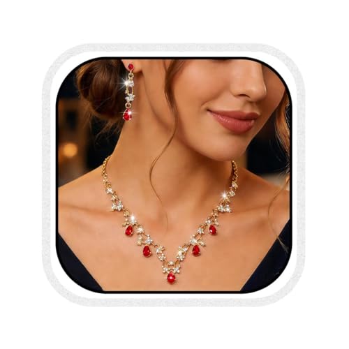 Gold Rhinestone Jewelry Set Bridal Wedding Necklace Earrings Sets Prom Formal Costume Jewelry for Women and Brides - color: Red