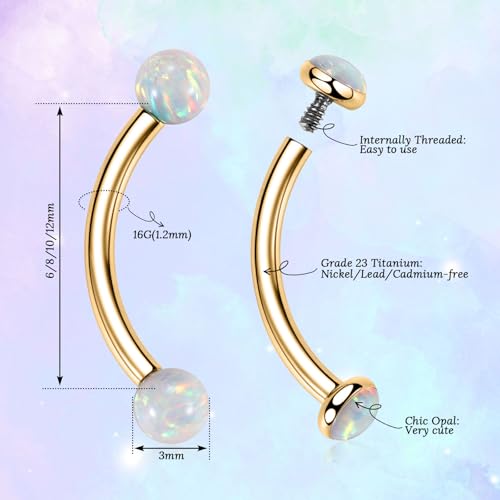 G23 Titanium Eyebrow Piercing Jewelry Eyebrow Rings Curved Barbell 16G Eyebrow Belly Button Ring Navel Rings Rook Daith Earrings Lip Ring Eyebrow Jewelry 6mm-12mm - color: 2PCS,Ball Shape White Opal+Disc Shape White Opal,Gold