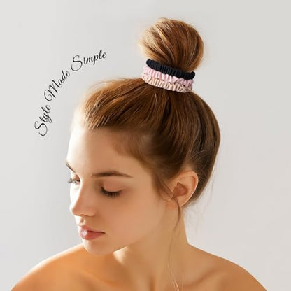 6PCS 100% Mulberry Silk Scrunchies Set, 2 Large and 4 Thin Silk Hair Ties for Women, No Damage Hair Accessories, Black Pink Champagne - color: Color 01