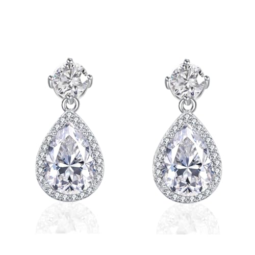 Drop Dangle Earrings Teardrop Gemstone Waterdrop White Gold Plated Crystal Hanging Cubic Zirconia Ruby Sapphire Emerald Jewelry Gift for Women Mother Wife - color: White