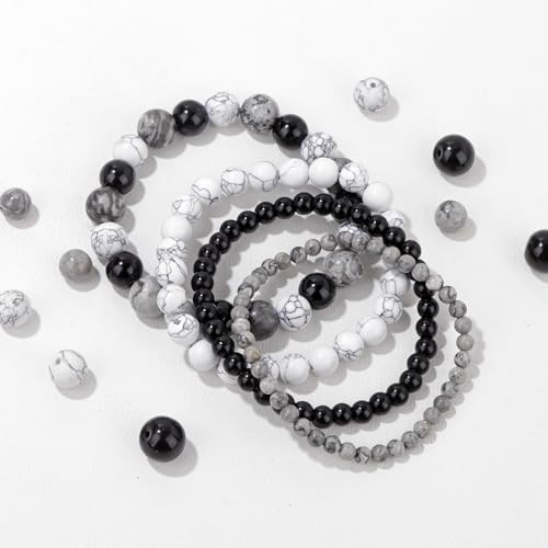 Vinswet 4pcs Beaded Bracelets for Women,Natural Healing Crystal Gemstones Bracelet,Anxiety Stress Relief Bracelet Handmade purple Jewelry Gifts for Women - color: Map stone&Black agate&White turquoise