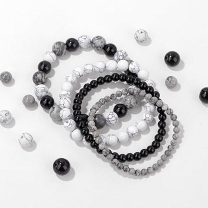 Vinswet 4pcs Beaded Bracelets for Women,Natural Healing Crystal Gemstones Bracelet,Anxiety Stress Relief Bracelet Handmade purple Jewelry Gifts for Women - color: Map stone&Black agate&White turquoise