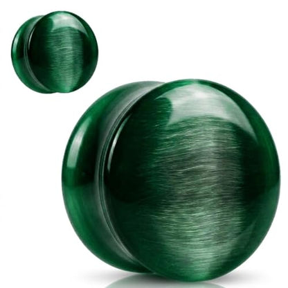 Cats Eye Glass Ear Gauges - color: Emerald Green Cats Eye, size: 10mm- 00 gauge