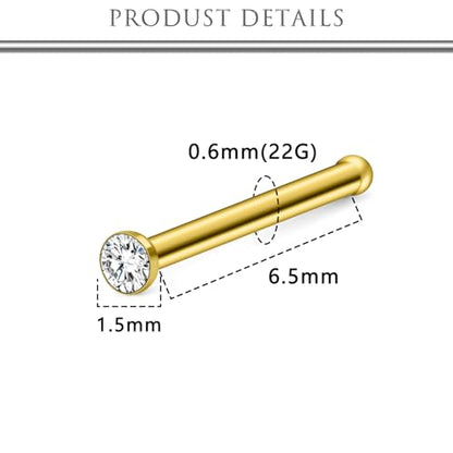 Hoeudjo Nose Studs Surgical Steel Cubic Zirconia Nose Rings Kit for Women Men Tiny Nose Stud Bone & Screw & L Shaped Nostril Piercing Jewelry 18/20/22/24 Gauge 10 Pieces - color: gold-tone,nose bone studs, size: 22g/1.5mm clear CZ