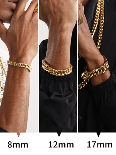 ChainsHouse Stainless Steel Cuban Link Bracelet, 6mm/8mm/12mm/17mm Width, 7.5"/8.3"/9", Black/ 18K Gold Plated Chain Wrist Bracelets for Men Women, Send Gift Box - color: X: Gold-17mm width-custom