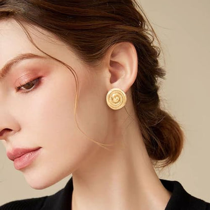 REELMAR Chunky Geometric Clip On Earrings for Women Trendy Gold-Plated Thick Hammered Rectangle Dupes Earrings Minimalist Statement Earrings No Piercing Clips - color: Gold-Circle