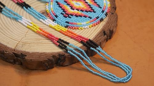 Handmade Native American Style Tribal ethnic Seed Bead Beaded Layered Medallion Necklace - color: Sky-Blue Geometric