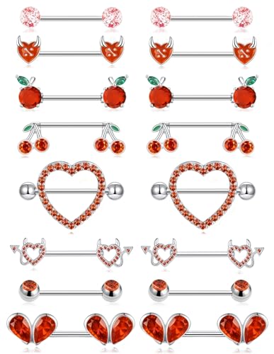 8 Pairs Nipple Rings 14G Stainless Steel Heart Cherry Apple Devil CZ Acrylic Ball Stud Barbell Tongue Rings Set Cute Nipplerings Piercing Jewelry for Women Red Silver Tone - color: Red