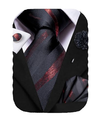 Hi-Tie Men's Silk Ties Formal Woven Classic Necktie Pocket Square Cufflinks Lapel Pin Set Wedding Business - color: Black and Burgundy