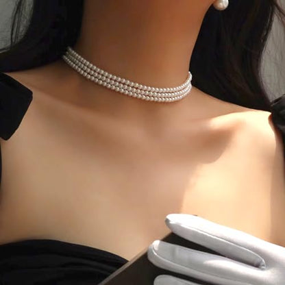 Zeffy Pearl Necklace 4MM/6MM/8MM Dainty Round Imitation Pearl Choker Necklace Wedding Pearl Necklace Delicate Jewelry for Women Simple Bridesmaid Jewelry Gifts - style: 6mm Three-layer Pearl Choker(13.7"+2)