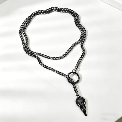 Slip Chain Necklaces for Women Stainless Steel Bar Pendant Choker Necklace Boho Handmade Long Lariat Necklace Silver Statement Punk Rock Collar Jewelry - style: layered black raven
