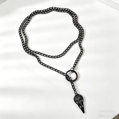 Slip Chain Necklaces for Women Stainless Steel Bar Pendant Choker Necklace Boho Handmade Long Lariat Necklace Silver Statement Punk Rock Collar Jewelry - style: layered black raven