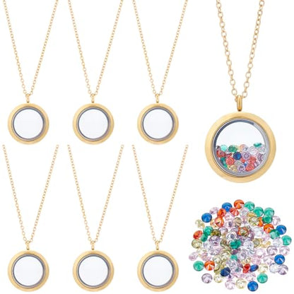 6Pcs Stainless Steel Locket Pendants Gold Floating Memory Locket | Flat Round Birthstone, Polished Keepsake, Living Picture Pendant Necklace, Women Friendship Necklaces Nostalgic Decor - style: gold