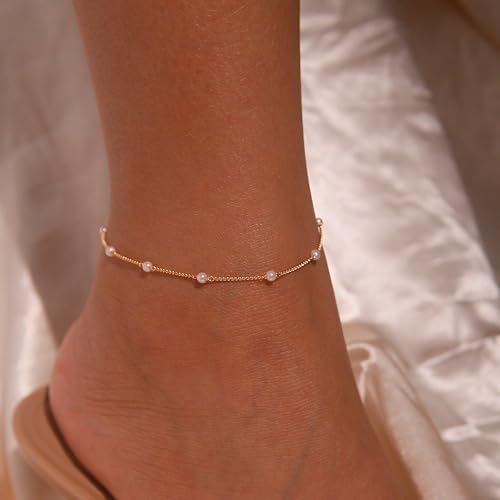 Gold Ankle Bracelets for Women,Dainty 14K Gold Plated Anklets for Women Waterproof Herringbone Beaded Satellite Anklets Set Layered Anklet Bracelets for Women Gold Jewelry Gift - color: Set 4