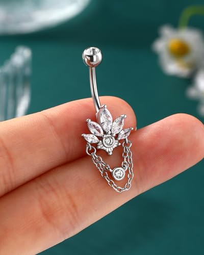 COCHARM 14G Lotus Belly Button Rings Dangle Belly Navel Rings for Women Surgical Steel Navel Piercing jewelry - color: WG-10MM