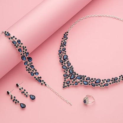 Paxuan Crystal Bridal Wedding Jewelry Sets for Women Rhinestone Teardrop Crystal Statement Choker Necklace Drop Earrings Link Bracelets Rings Teardrop Jewelry Set for Brides Bridesmaids - color: Silver Plated Sapphire Blue Crystal