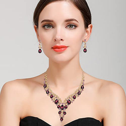 BriLove Women's Wedding Bridal Austrian Crystal Teardrop Flower Cluster Statement Necklace Dangle Earrings Jewelry Set for Party Prom - color: 2Pcs-Deep Amethyst Color Gold-Tone